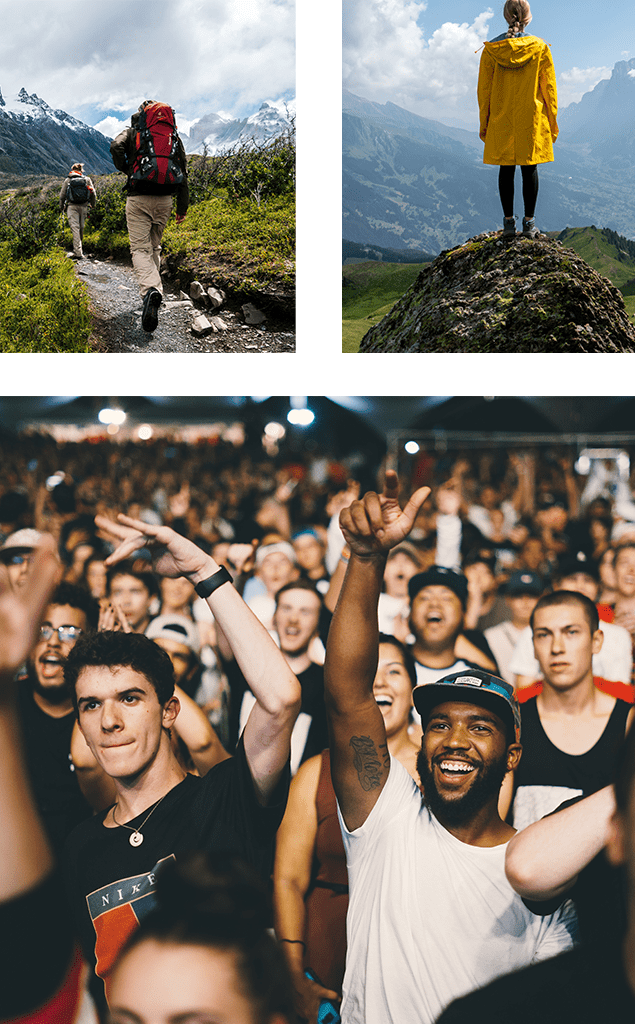 collage of backpacking images and people at a concert having a good time